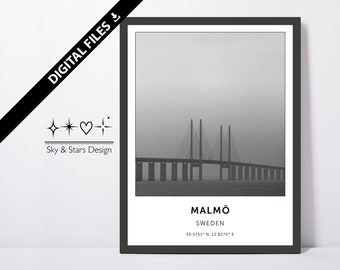 Digital Photo of Bridge, Malmö, Sweden, Denmark, Border, Europe, City, Black White, Location, Printable Wall Art, Print, Poster, Coordinates