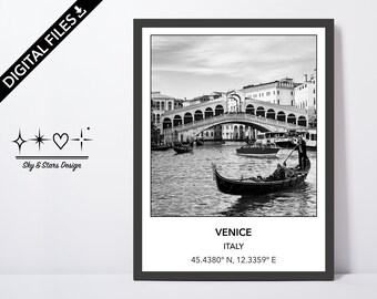 Digital Photo of Rialto Bridge, Venice, Italy, Europe, City, Black White, Location, Printable Wall Art, Print, Poster, Coordinates