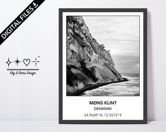 Digital Photo of Møns Klint, Borre, Seeland, Denmark, Europe, City, Black White, Location, Printable Wall Art, Print, Poster, Coordinates