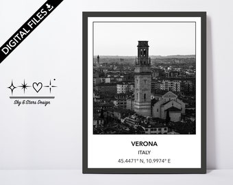 Digital Photo of Torre dei Lamberti, Verona, Europe, City, Black White, Location, Printable Wall Art, Print, Poster, Coordinates