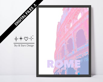 Digital Wall Art of Colosseum in Rome, Italy, Europe, City, Pastels, Location, Printable Wall Art, Print, Poster, Colorful, Pink, Purple