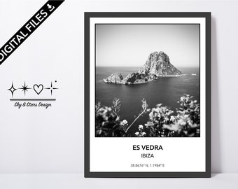 Digital Photo of Es Vedra in Ibiza, Spain, Europe, City, Black White, Location, Printable Wall Art, Print, Poster, Coordinates, Island