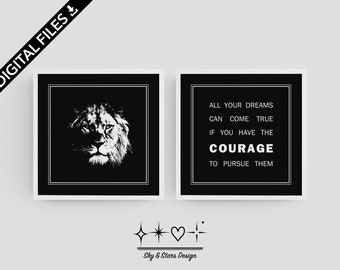 Digital Lion & Quote Set, Black And White, Graphic, Printable Wall Art, Set of two posters, Ready to Print, Direct Download.