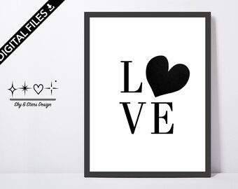 Digital Wall Art, Love And Heart, Black with White Background, Inspiring, Home Decor, Printable Poster, Direct Download, Ready to Print.