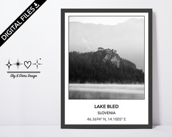 Digital Photo of Castle Lake Bled, Slovenia, Island, Europe, City, Black White, Location, Printable Wall Art, Print, Poster, Coordinates