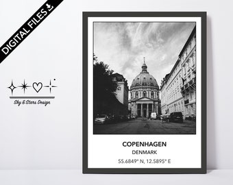 Digital Photo of Frederik’s Church, Copenhagen, Denmark, Europe, City, Black White, Location, Printable Wall Art, Print, Poster, Coordinates