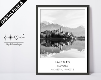 Digital Photo of the island in Lake Bled, Slovenia, Europe, City, Black White, Location, Printable Wall Art, Print, Poster, Coordinates
