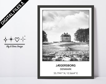 Digital Photo of Jægersborg Dyrehave, Copenhagen, Europe, City, Black White, Location, Printable Wall Art, Print, Poster, Coordinates