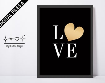 Digital Wall Art, Love And Heart, Gold with Black Background, Inspiring, Home Decor, Printable Poster, Direct Download, Ready to Print.