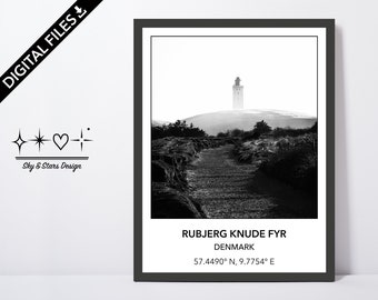 Digital Photo of Rubjerg Knude Fyr, Løkken, Denmark, Europe, City, Black White, Location, Printable Wall Art, Print, Poster, Coordinates