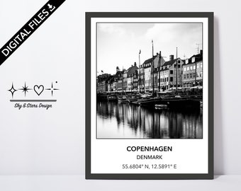 Digital Photo of Nyhavn, Copenhagen, Denmark, Europe, City, Black White, Location, Printable Wall Art, Print, Poster, Coordinates