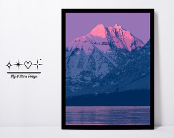 Digital Wall Art, Mountain Graphic, Pink, Blue, Purple, Glacier National Park, Montana, Vertical, Direct Download, Ready to Print.