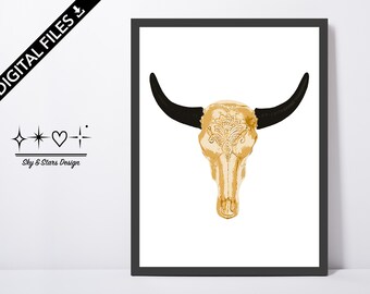 Digital Wall Art, Bull Skull Cow, Beige Black, Floral Front, Bohemian Graphic, Printable Poster, Instant Download, Ready To Print.