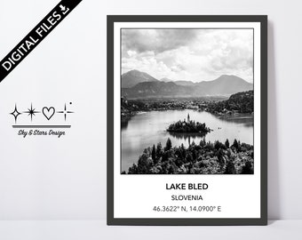 Digital Photo of the island in Lake Bled, Slovenia, Europe, City, Black White, Location, Printable Wall Art, Print, Poster, Coordinates