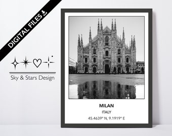 Digital Photo of Piazza del Duomo, Milan, Italy, Europe, City, Black White, Location, Printable Wall Art, Print, Poster, Coordinates.