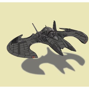 Puede incluir: Una nave espacial negra y gris con un diseño de murciélago. La nave espacial tiene una nariz puntiaguda y dos alas grandes que tienen forma de alas de murciélago. La nave espacial está volando en el aire y proyectando una sombra en el suelo.