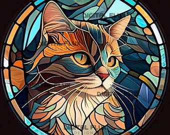 Five images of Stained Glass Artwork of Cute Cats. Instant PNG Download. Elaborate Digital Art. For shirts, tumblers, posters, projects etc.