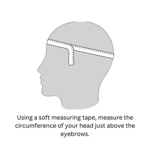May include: Illustration showing how to measure your head for a hat. A measuring tape is placed around the head, just above the eyebrows.