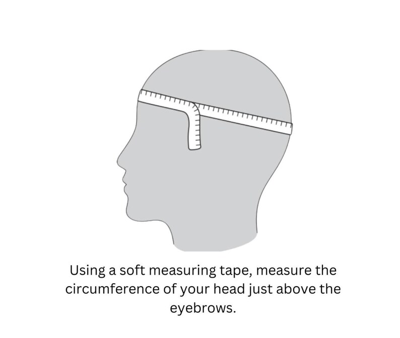 May include: Illustration showing how to measure your head for a hat. A measuring tape is placed around the head, just above the eyebrows.