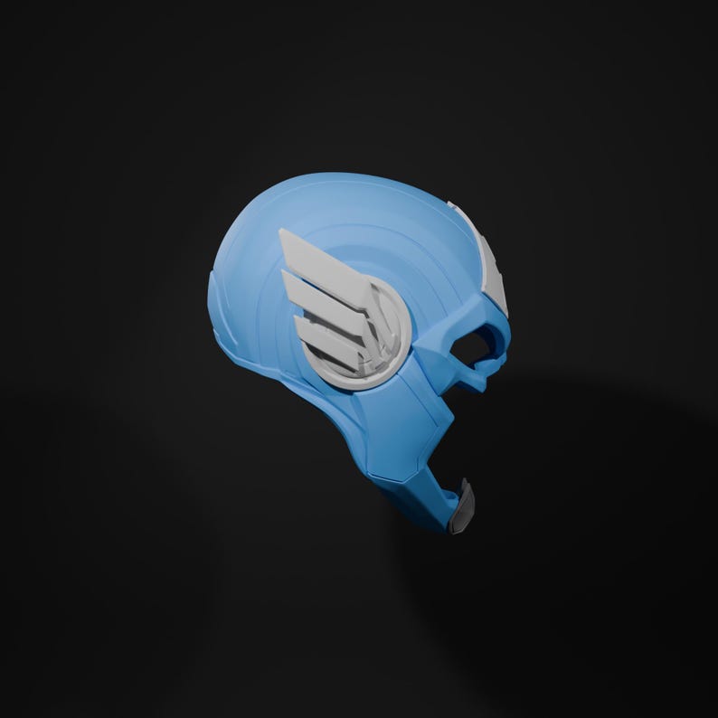 May include: A blue and white plastic helmet with a wing design on the side. The helmet is designed to look like a superhero's helmet.
