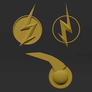 May include: Three gold-colored lightning bolt designs. Two are circular with a lightning bolt inside. The third is a lightning bolt shape.