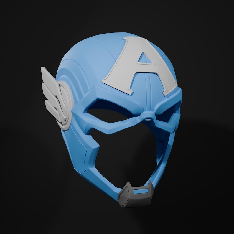 May include: A blue and white plastic Captain America mask with a winged design on the side. The mask has a black visor and a chin strap.