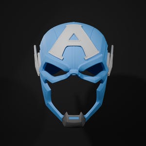 May include: A blue plastic Captain America mask with a white letter A on the front. The mask has a molded plastic design with eye holes and a chin strap.