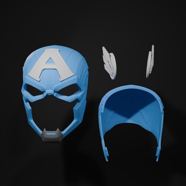 May include: A blue and white plastic Captain America mask with a removable back piece and two white wings.