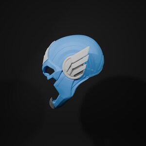 May include: A blue and white plastic helmet with a wing design on the side. The helmet is a prop for cosplay or Halloween.