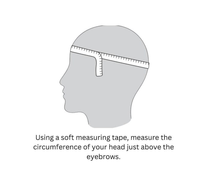 Puede incluir: Ilustraci&oacute;n que muestra c&oacute;mo medir la cabeza para un sombrero. Una cinta m&eacute;trica se coloca alrededor de la cabeza, justo por encima de las cejas.