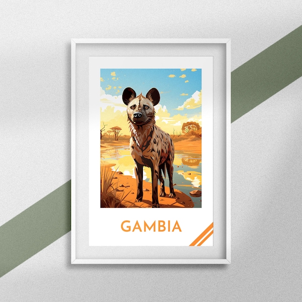 Gambia Poster Republik Gambia Druck Reisesouvenir Tierplakat Gambia Geschenkidee Afrika Dekoration Hyänenplakat