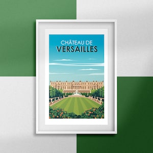 May include: A white framed poster with a blue sky and white clouds. The poster features a colorful illustration of the Château de Versailles, a large palace with a fountain in front of it. The text "Château de VERSAILLES" is printed in black at the top of the poster.