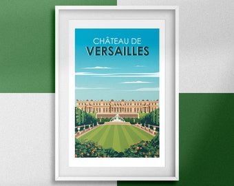 May include: A white framed poster with a blue sky and white clouds. The poster features a colourful illustration of the Château de Versailles, a large palace with a fountain in front of it. The text "Château de VERSAILLES" is printed in black at the top of the poster.