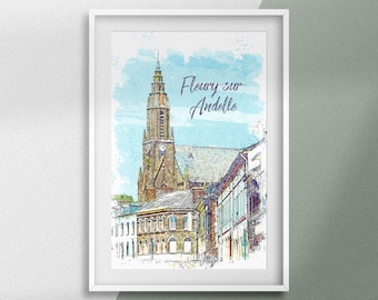 Poster Fleury-sur-Andelle France - Poster "The Church of Notre-Dame-de-la-Vallée" - Urban drawing