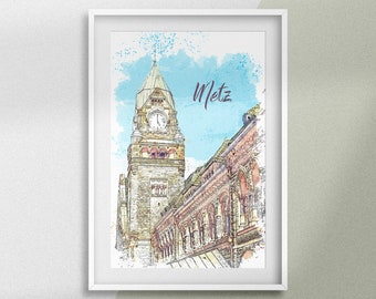 Poster Metz, poster della stazione ferroviaria francese, disegno urbano, idea regalo, decorazione d'interni, decorazione murale monumento, souvenir di viaggio della Lorena, decorazione