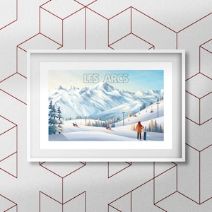 Könnte beinhalten: Ein weißer gerahmter Druck mit einer farbenfrohen Illustration einer schneebedeckten Berglandschaft. Der Text "LES ARCS" ist oben im Bild in Weiß gedruckt. Eine Person in roter Kleidung steht auf dem schneebedeckten Hang und blickt auf die Berge.