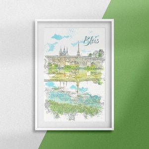 Blois Frankreich Poster – „Am Ufer der Loire“ Poster – Stadtzeichnung