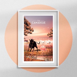 Cartel de Camargue Francia Cartel del toro Impresión Parque natural regional Decoración de la pared del mar Cartel de la naturaleza Recuerdo de viaje Bouches-du-Rhône