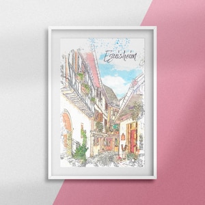 Plakat Eguisheim Frankreich - Plakat „Die Farben des Elsass“ – Stadtzeichnung