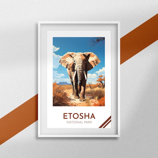 Affiche Etosha Parc animalier Poster Éléphant Impression National Park Souvenir voyage Namibie Cadre Etosha Idée cadeau Afrique Décoration