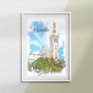 Affiche Marseille France - Poster "La Basilique Notre-Dame de la Garde" - Dessin urbain