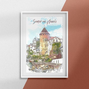 Semur-en-Auxois Poster Medieval city poster Urban drawing City of France Burgundy-Franche-Comté region Côte-d&#39;Or