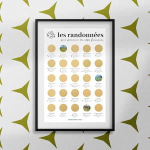 以下が含まれることがあります： 「les randonnées pour parcourir les alpes françaises」のテキストが入った額入りのポスター。ポスターには、小さな画像がいくつか付いた金色の円のグリッドがあり、黒いフレームの白い背景に配置されています。