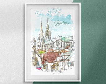 Cartel Chartres Francia - Cartel "Catedral de Notre-Dame de Chartres" - Dibujo urbano