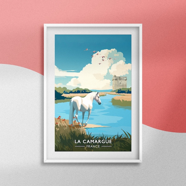 Affiche Camargue Poster Parc Naturel de Camargue Souvenir Gard Affiche Bouches-du-Rhône Mer Méditerranée Décoration France Affiche Cheval