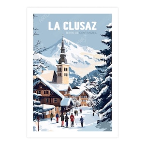 Peut inclure: Une affiche de voyage vintage pour La Clusaz, France, représentant un village enneigé avec un clocher et des montagnes enneigées en arrière-plan. L'affiche présente le texte "LA CLUSAZ TERRE DE CONTRASTES", avec des skieurs et des piétons au premier plan.