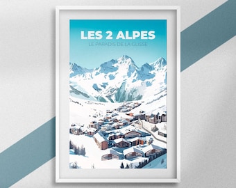 Affiche Les 2 Alpes, Poster Station De Ski, Souvenir Voyage Alpes, Décoration Montagne, Cadeau Isère, Cadre Auvergne-Rhône-Alpes