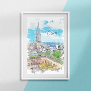 Può includere: Una stampa ad acquerello incorniciata di Caen, Francia, con una cattedrale alta con una guglia, edifici della città e un cielo blu con nuvole. La parola "Caen" è scritta in corsivo sopra la città.