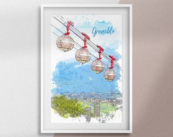 Grenoble France Poster - "The Cable Car" Poster - Urban drawing