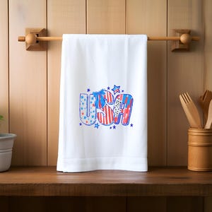 4th Of July USA Doodle Dish Towel | Hand Drawn Tea Towel | Independence Day | Patriotic Gift | Red White Blue | Stars Stripes Bows | Vintage